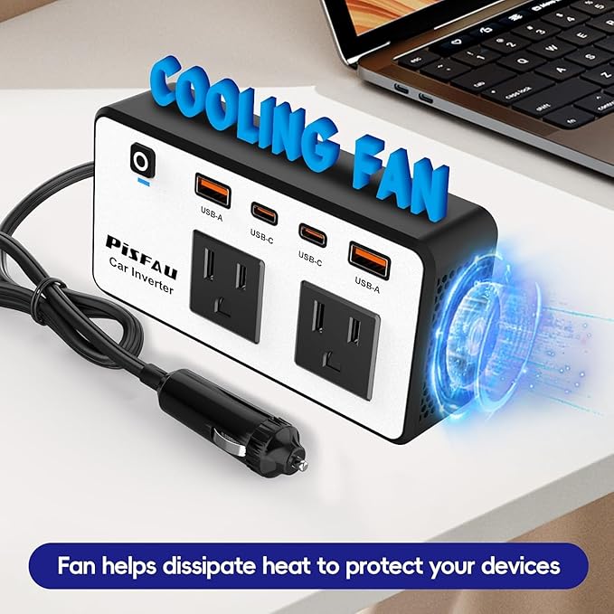 300W Car Power Inverter 12V to 110V，PiSFAU DC to AC Car Plug in Adapter Outlet with Multi USB[24W USB-C] /USB-Fast Charger(24W) Car Inverter，Car Charger for Laptop Vehicles Road Trip Essentials