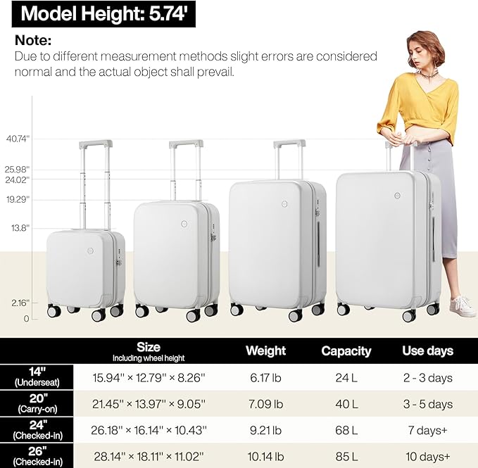 mixi Upgrade Carry on Luggage 14 Inch Underseat Personal Item Suitcases with Spinner Wheels, Hardside Rolling Suitcase PC with TSA Lock Lightweight Travel Case, Fine Grid Smoke White