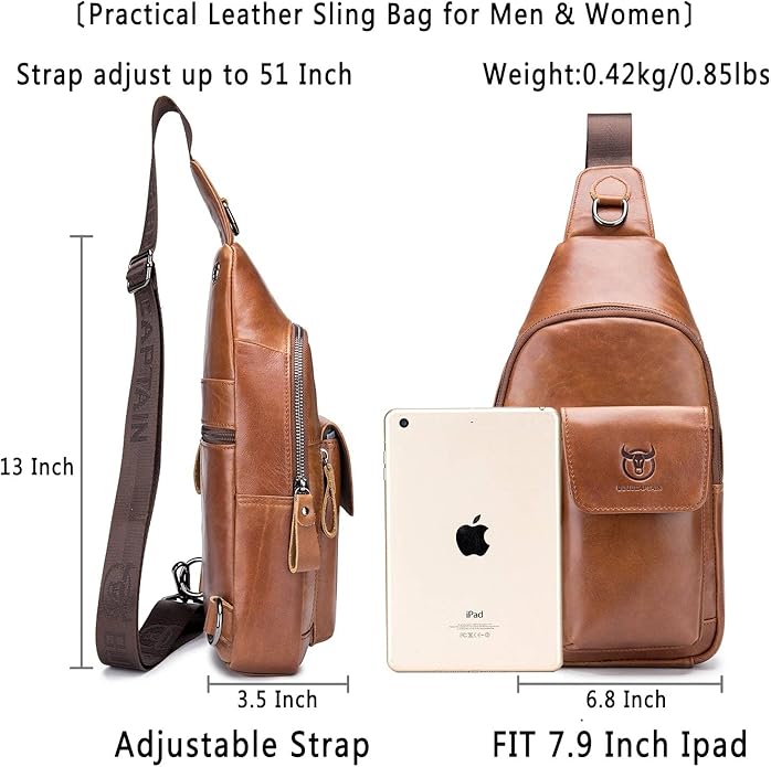 BULLCAPTAIN Mens Leather Crossbody Bag Shoulder Sling Bag Casual Daypacks Chest Bags for Travel Hiking Backpacks