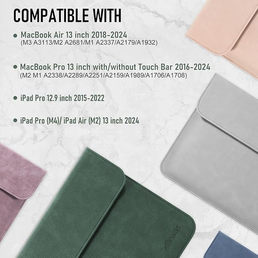 Allinside 13 Inch Laptop Sleeve Case for MacBook Air 13 2018-2025/MacBook Pro 13 2016-2022/Macbook Pro 14 2021-2024, Waterproof PU Leather Horizontal Envelope Protective Case Cover, Dark Green