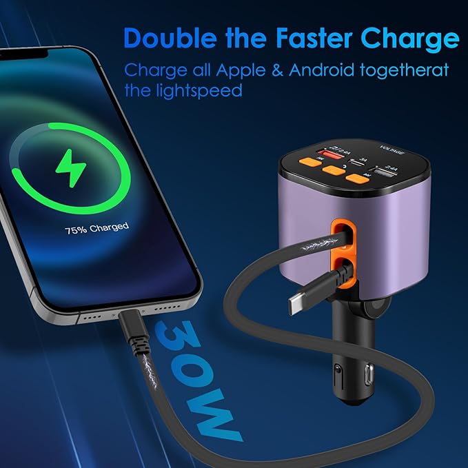 Retractable Car Charger,5 in 1 Fast Cars Phone Charger 90W,Bluetooth 5.3 FM Transmitter Adapter,Handsfree Call,2 Retractable Cables and USB Chargers for iPhone17/ 16/15/14/13/Samsung