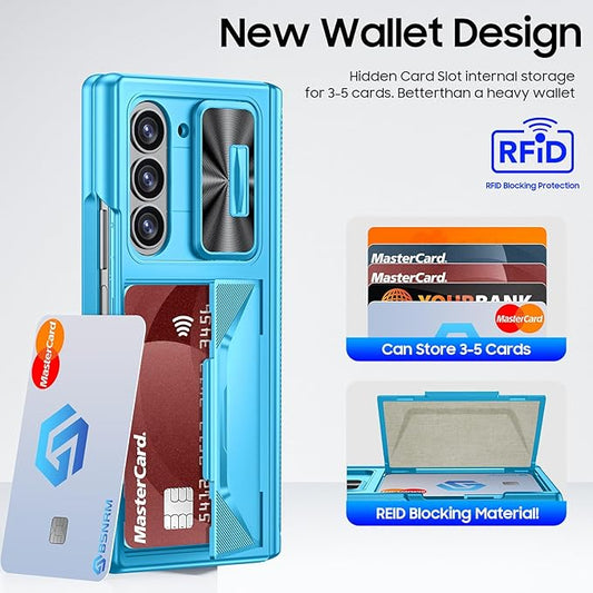 for Samsung Galaxy Z Fold 6 Case with Card Holder, Built in RFID Blocking & Slide Camera Cover & Hinge Protection & Full-Body Rugged Shockproof Wallet Case for Galaxy Z fold 6 (Lake Blue)