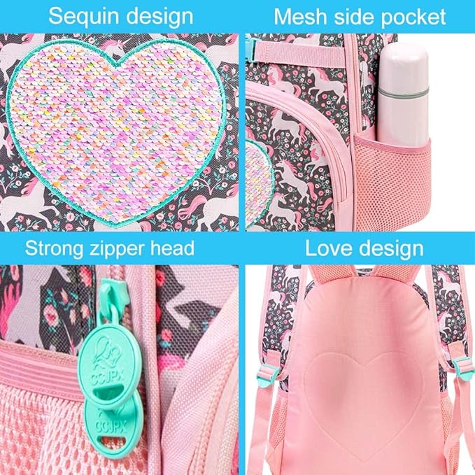 3pcs Unicorn Backpack, 16" Girls Sequin Bookbag with Lunch Box, Kids School Backpacks for Elementary Kindergarten Preschool(Pink)