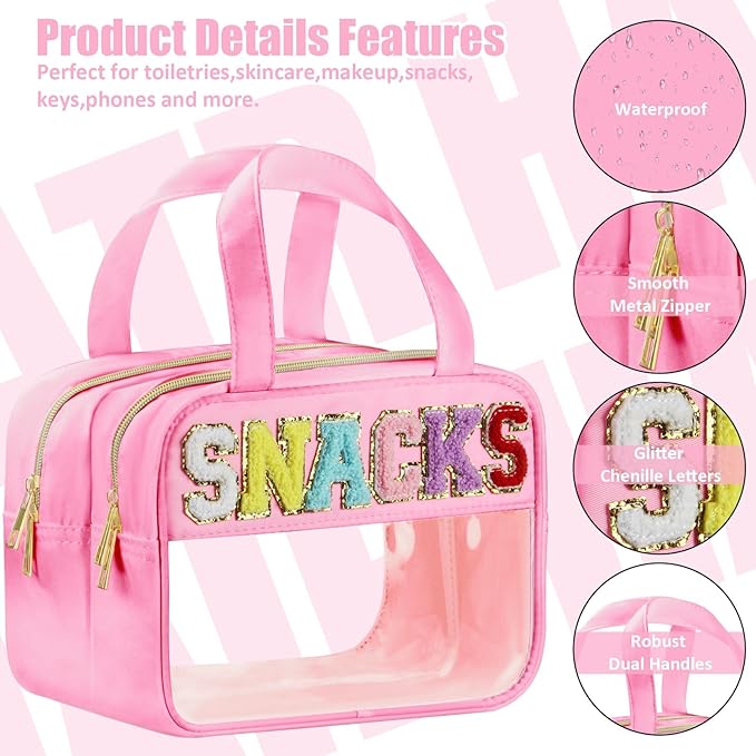 Chenille Letter Clear Makeup Bags, Snacks Bag for Travel, Preppy Patch Nylon Cosmetic Bag with Handles and Zipper, Waterproof Large Clear Travel Toiletry Bag Storage Bag for Women Pink