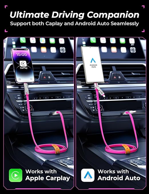 [2025 Upgrade] 4-in-1 USB C Cable 60W 5FT Compatible With Lightning Cable [Fast Charging & Data Transfer] Flat Type C/A to C/L Cord for iPhone/iPad, Multi Charger Wire Combo for All Devices (Pink)