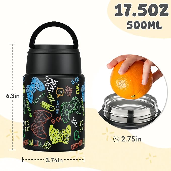 17oz Soup Thermo for Hot Food Kids Insulated Food Jar,Thermo Hot Food Lunch Container, Width Mouth Stainless Steel Lunch Box for Kids with Handle Folding Spoon(Black - Game Console)
