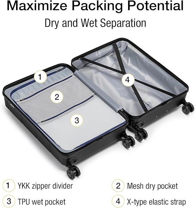 KYME Luggage Sets 2 Piece Hardshell 22"/26" Suitcase with Spinner Wheels Hardside Suitcases Sets with TSA Lock Lightweight Travel Luggage Set with Cup Holder for Women Men Black