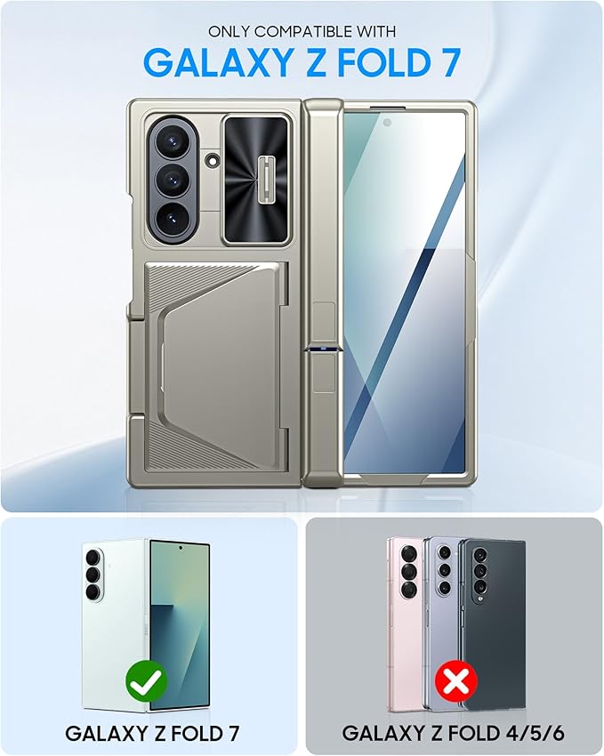 for Samsung Galaxy Z Fold 7 Case with Card Holder RFID Blocking, Built in Slide Lens Cover & Hinge Protection & Kickstand & Screen Protector, Shockproof Wallet Case for Z Fold 7 (Titanium Gold)