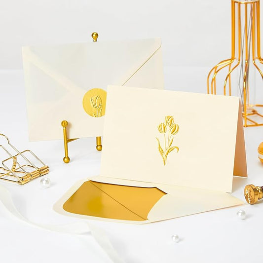 Crisky 25 Pack Blank Cards and Envelopes 4x6, Gold Foil Tulip Blank Greeting Cards Bulk for Wedding, Bridal Shower, Baby Shower, Birthday Party Decoration Favors