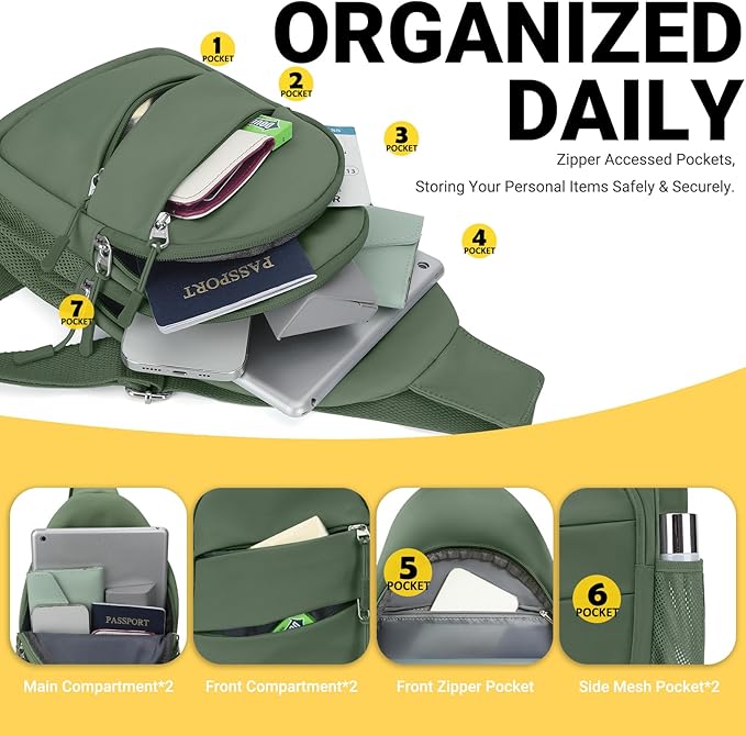 Crossbody Bags for Women, Sling Bag for Men, Small Hiking Backpack Anti Theft Lightweight for Outdoors Travel （M, Sage Green）