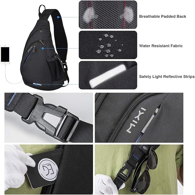 mixi Sling Bag Men Backpack Unisex One Shoulder Bag Hiking Travel Backpack Crossbody with USB Port for Men Women Versatile Casual Daypack-17 inch,Black