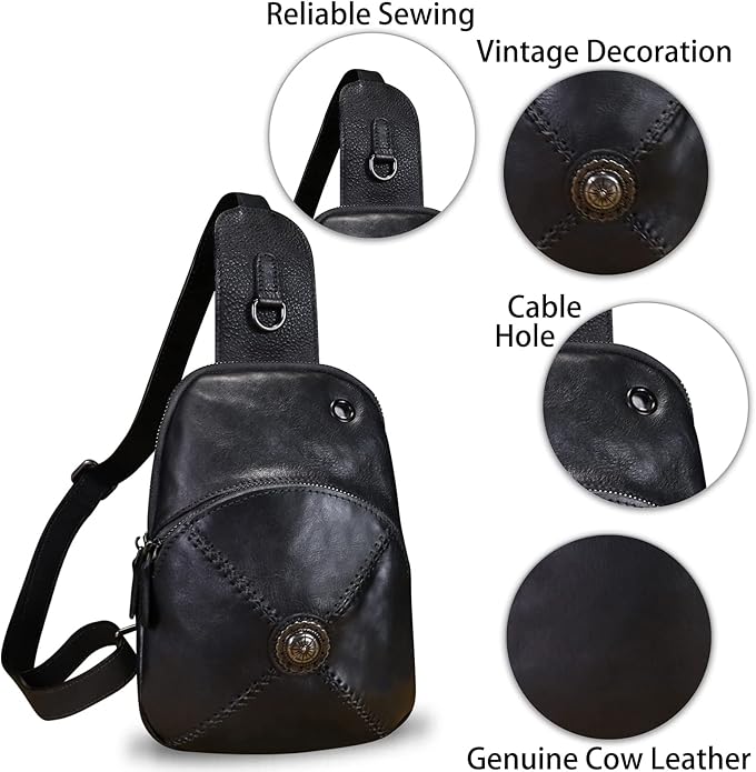 Genuine Leather Silng Bag for Women Small Vintage Leather Sling Backpack Fashion Shoulder Crossbody Bag Chest Purse