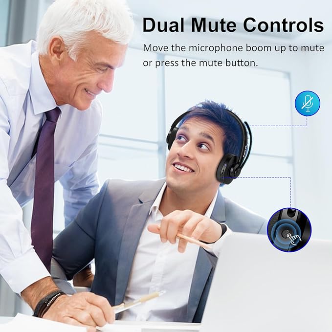 Bluetooth Headset with Noise Cancelling Microphone & Mic Mute, 30H+ Talking Time Wireless Headset V5.1 Bluetooth Headphone for Work/Ms Teams/Zoom/Cell Phone/Laptop/Call Center/Office/Home