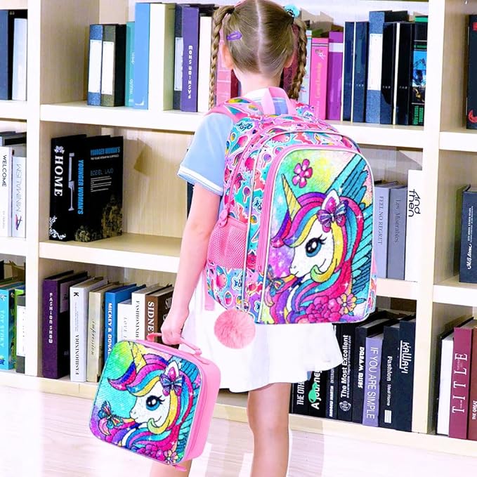 3PCS Unicorn Backpack for Girls, 16" Kids Bookbag with Lunch Box，Sequins School Bags for Elementary Preschool Kindergarten (Pink)
