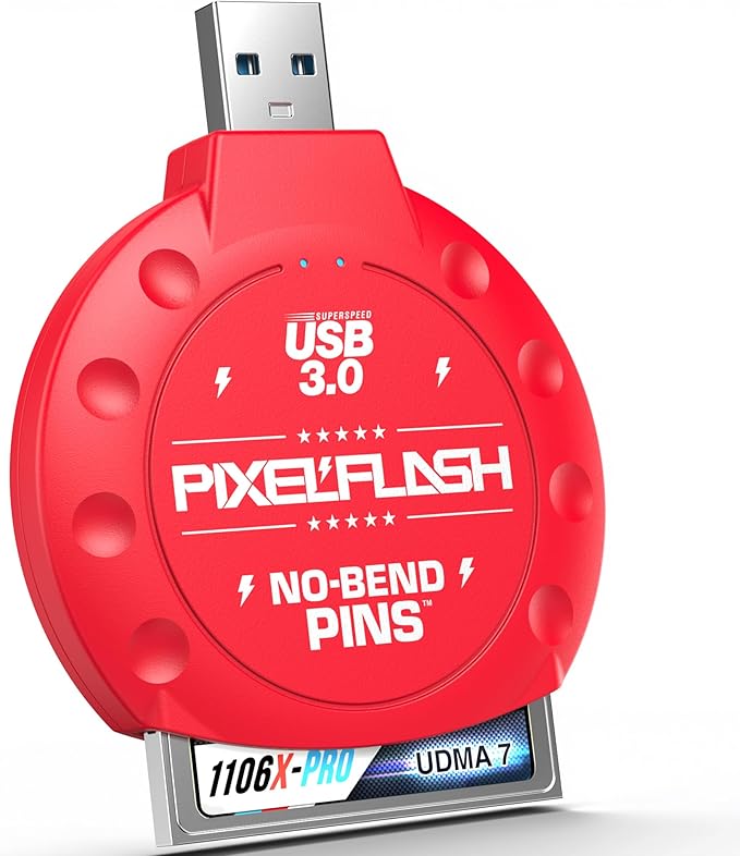 PixelFlash CF Card Reader (Red) - Compact Flash Memory Card Adapter with USB 3.0, 5GB/s File Transfer, No-Bend Pins, Supports UDMA-7, Anti-Slip & Anti-Scratch, Compatible with Most Brands & OS