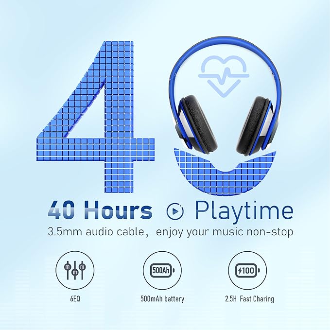 Bluetooth Headphones Over Ear, 6S Foldable Wireless Headphones with 6 EQ Modes, 40 Hours Playtime HiFi Stereo Headset with Mic, Soft Ear Pads, TF/FM for Cellphone/PC/Home (Black & Blue)