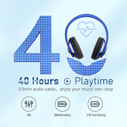 Bluetooth Headphones Over Ear, 6S Foldable Wireless Headphones with 6 EQ Modes, 40 Hours Playtime HiFi Stereo Headset with Mic, Soft Ear Pads, TF/FM for Cellphone/PC/Home (Black & Blue)