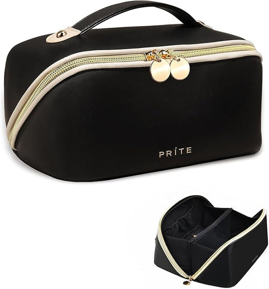 Prite Makeup Bag for Women Travel Waterproof Vegan Leather Cosmetic Bag Open Flat Toiletry Bag With Clear Divider and Handle (Black)