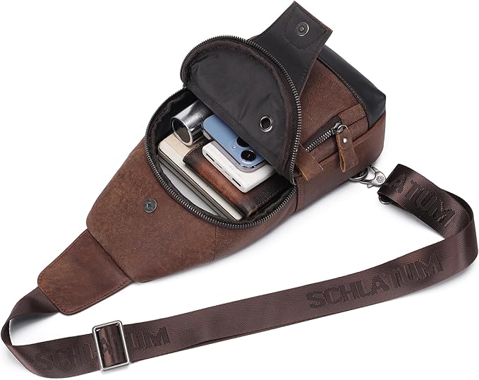 LUKZIJAES Genuine Leather Sling Bag for Men Crossbody Bags Man Shoulder Chest Pack Hiking Casual Daypack Outdoor Travel Backpack (#1-Coffee)