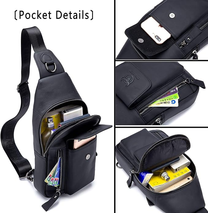 BULLCAPTAIN Mens Leather Crossbody Bag Shoulder Sling Bag Casual Daypacks Chest Bags for Travel Hiking Backpacks