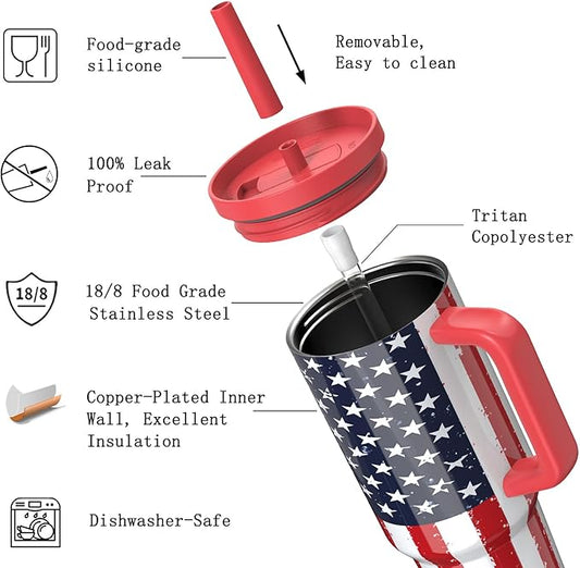 TILUCK 40 oz Tumbler with Handle, Vacuum Insulated Stainless Steel Travel Mug with 100% Leak-Proof Silicone Straw Lid, Cupholder Friendly Water Bottle(RedFlag, 40oz)