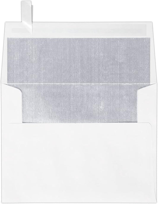 LUXPaper A2 Foil Lined Invitation Envelopes | Peel & Press | 4 3/8" x 5 3/4" | White w/Silver LUX Lining | 70lb. Text | 50 Qty