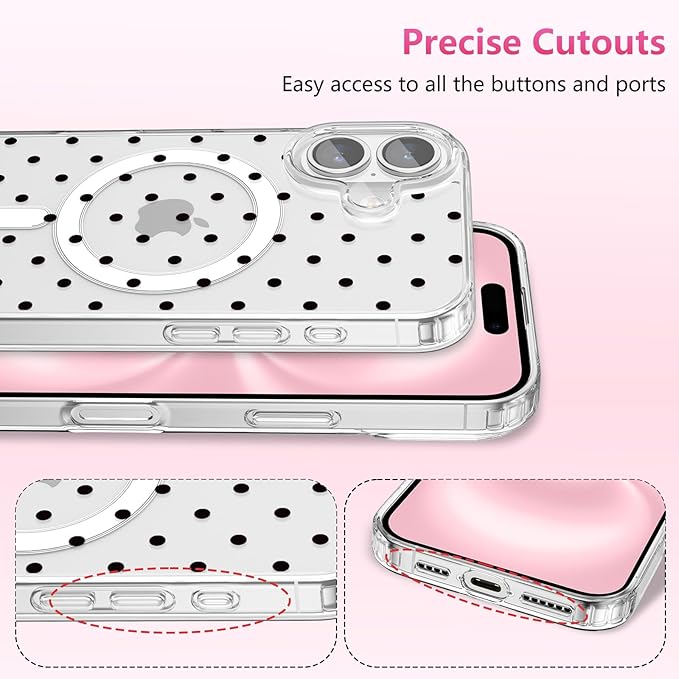 ZTOFERA Magnetic for iPhone 16 Case,Cute Polka Dot Phone Case Aesthetic Striped Clear Trendy Slim Soft Shockproof Protective Phone Cover for Women Girls, Black Dot
