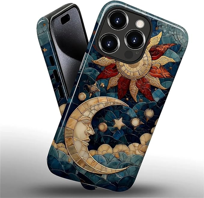 Case for iPhone 15 Pro Max Case,Sun Moon Stars Faux Stained Glass Design Hybrid Dual Protection Silicone + Hard PC Shockproof Full Body Cover,Slim Anti-Scratch Protective for Men Women