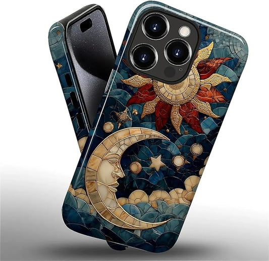 Case for iPhone 15 Pro Max Case,Sun Moon Stars Faux Stained Glass Design Hybrid Dual Protection Silicone + Hard PC Shockproof Full Body Cover,Slim Anti-Scratch Protective for Men Women