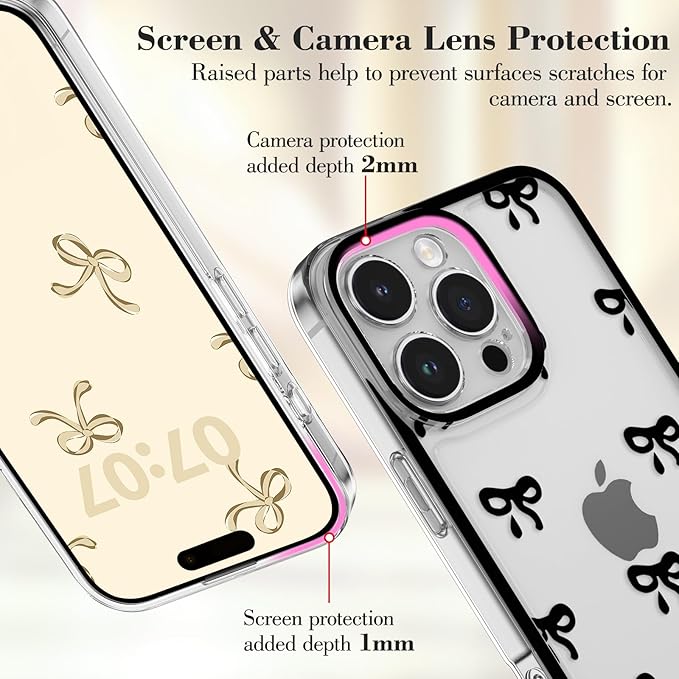 EYZUTAK Case for iPhone 16 Pro, Clear Cute Ribbon Bowknot Pattern Aesthetic Transparent Phone Case Raised Camera Protection Stylish Slim Soft Durable TPU Protective Cover for Women Girls - Black