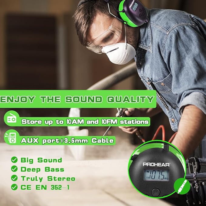 PROHEAR 027 AM FM Radio Headphones with Digital Display, 25dB NRR, Safety Ear Protection Earmuffs for Mowing, Snowblowing, Construction, Work Shops - Green
