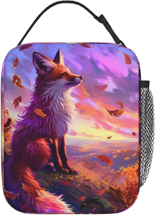 Stunning Sunset Fox Lunch Box for Women Girls Kids, Insulated Cooler Lunch Bag with Fall Leaf for School, Picnic, Office, Travel, Work, Portable Reusable Polyester Thermal Tote Lunch Bags