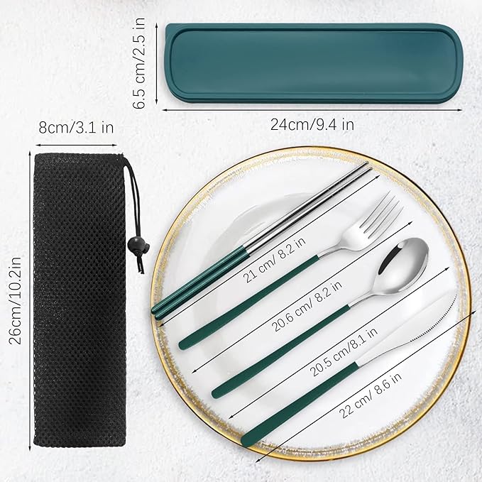 Portable Travel Camping Cutlery Set, TWUTGAYW Silver Green Reusable Flatware Silverware, Stainless Steel Cutlery Set, Portable Chopsticks Knife Spoons Forks Set for Camping Picnic Lunch Daily Use