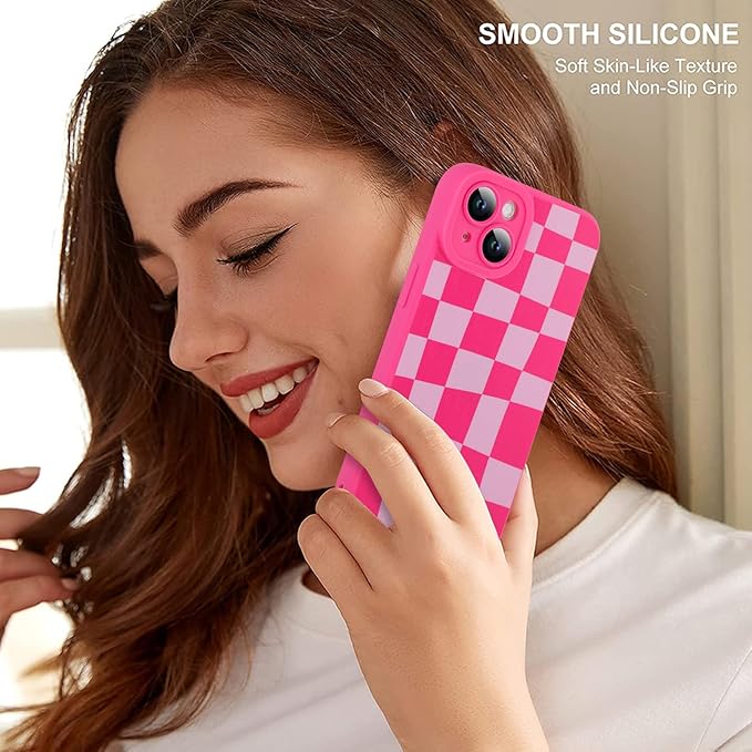 ZIYE for iPhone 15 Plus Case Hot Pink Grids Plaid Checkerboard Pattern Phone Case with Camera Protection,Soft TPU Silicone Rubber Protective Cover Grid Checkered Chess Design Cases