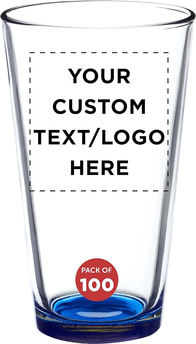 Custom Arc Pint Glass 16 oz. Set of 100, Personalized Bulk Pack - Beer Glasses, Heavy Duty Drinkware - Blue