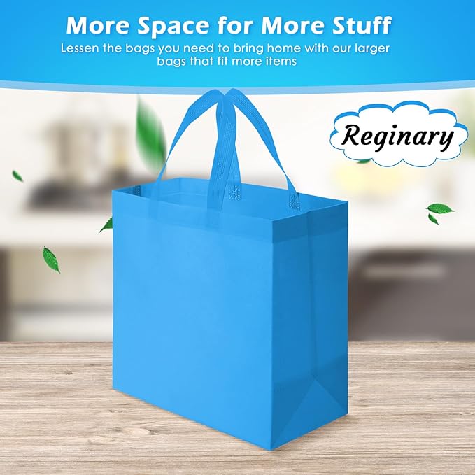 Reginary Reusable Totes Bags - 100 Pcs Non Woven Grocery Handle Bags for Shop Events & Retail Store(Sky Blue)