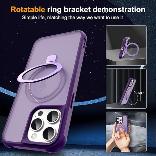 Compatible with iPhone 15 Pro Case with Invisible Magnetic O-Ring Stand Military-Grade Translucent Case for iPhone 15 Pro 6.1" [Compatible with Mag-Safe][Great Grip Feeling], Purple