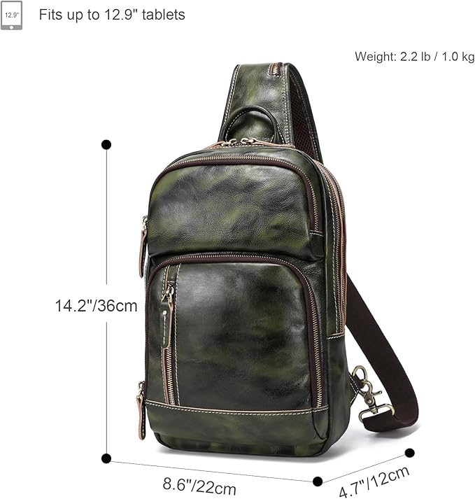 LANNSYNE Full Grain Leather Sling Bag For Men, Crossbody Bag fits 12.9" iPad Crossbody Chest Daypack