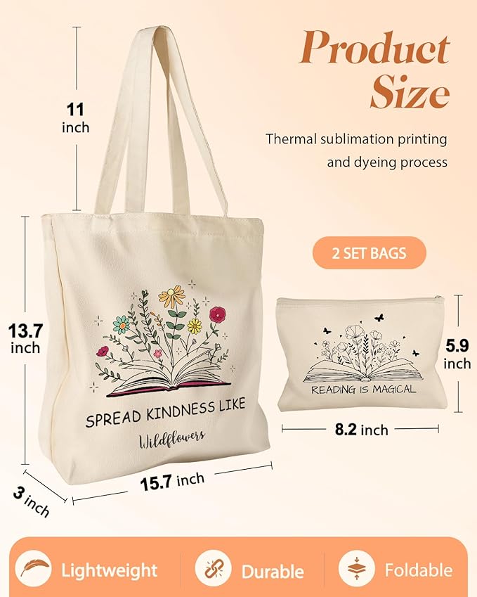 2 Pack Canvas Tote Bag - with Makeup Pouch Aesthetic Cute Women Reusable Canvas Bag for Shopping, Work, Travel