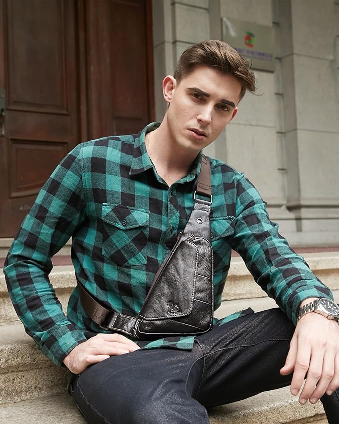 pundarika Genuine Leather sling bag for men women casual crossbody backpack small shoulder bag chest bag