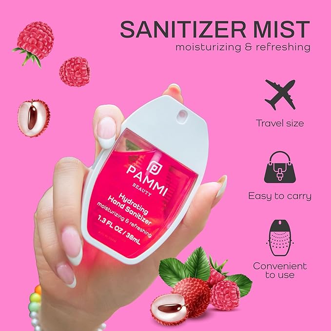 PAMMI Hand Sanitizer Spray Travel Size - Mini Scented Hand Sanitizer Spray Quicky Dry, Pocket Scented Hand Saniztier - 600-Sprays (2 Packs (Raspberry Lychee))