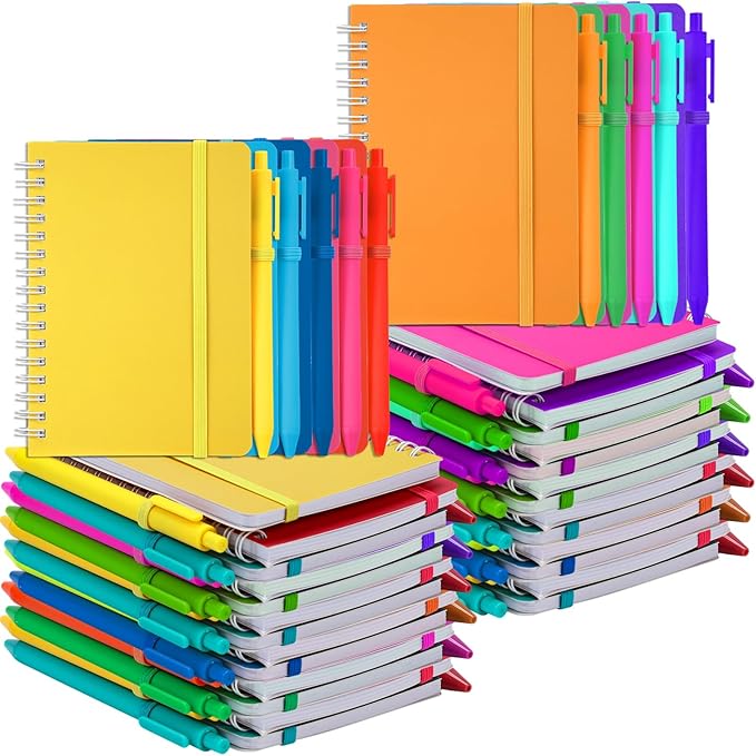 Fulmoon 100 Set A6 Spiral Notebook with Ballpoint Pen in 10 Colors 50 Sheets, 4" x 6" Bulk Ruled Small Notebooks Journals for Back to School Supplies Students Gifts Office Coworkers (Candy Brights)