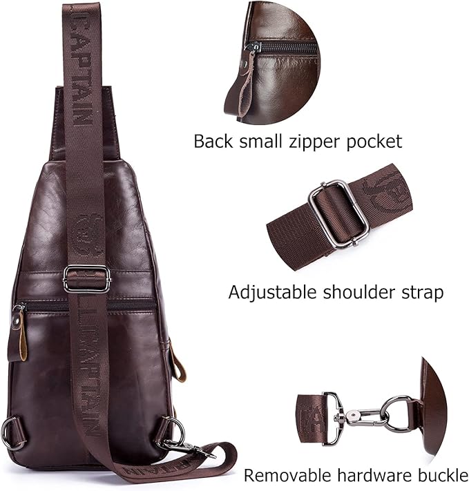 BULLCAPTAIN Men Sling Chest Bag Genuine Leather Casual Multipurpose Crossbody Shoulder Backpack Travel Hiking Daypack (Brown)