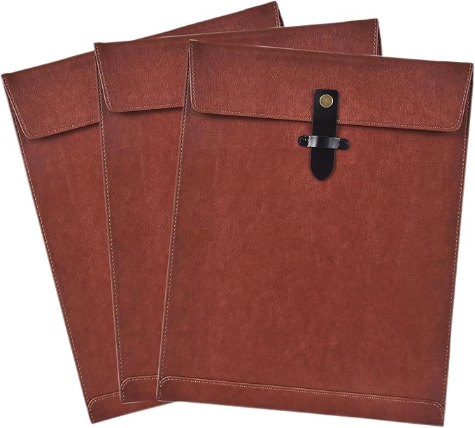 Brown PU Leather File Folder, Snap Closure Document Organizer, 3PCS A4 Envelopes
