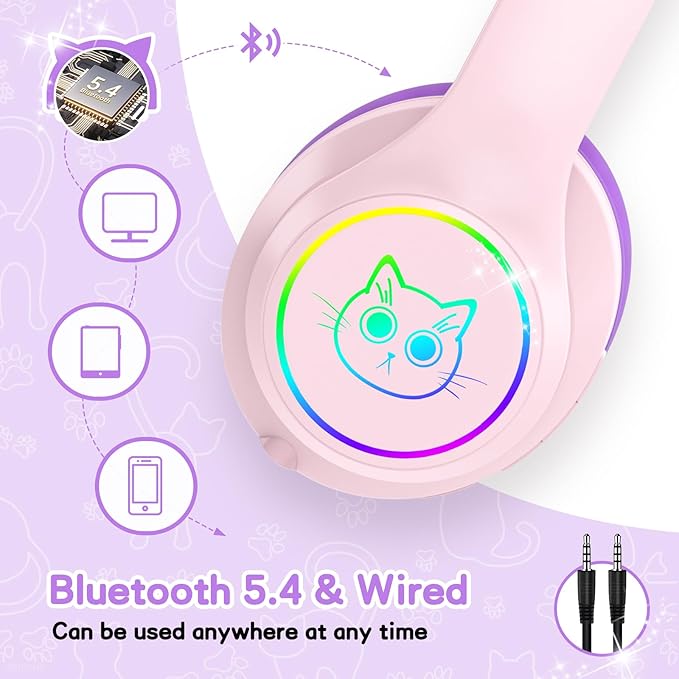 LOBKIN Kids Bluetooth Headphones,Over Ear Kids Headphones Wireless with Mic 50H Playtime Colorful LED Lights AUX Cord 94dB Safe Volume Limited Foldable Design for Boy Girl Travel/School/iPad