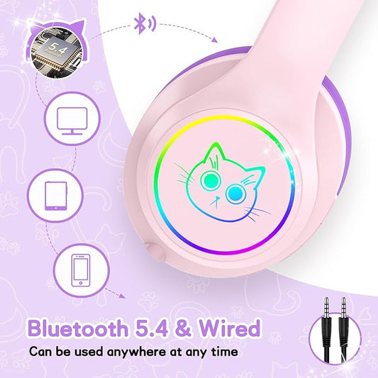 LOBKIN Kids Bluetooth Headphones,Over Ear Kids Headphones Wireless with Mic 50H Playtime Colorful LED Lights AUX Cord 94dB Safe Volume Limited Foldable Design for Boy Girl Travel/School/iPad