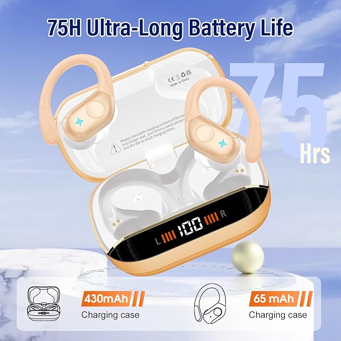 Wireless Earbuds Bluetooth 5.4 Headphones 75H Stereo Deep Bass Sports Over Ear Buds with Earhooks, LED Display Bluetooth Earbuds with 4 ENC Mic, IP7 Waterproof Earphone for Running, Khaki