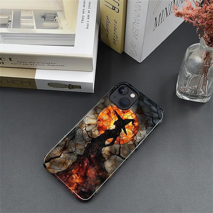 Case for iPhone 14 Plus Case,Halloween Witch Moon Stained Glass Design Hybrid Dual Protection Silicone + Hard PC Shockproof Full Body Cover Slim Anti-Scratch Protective Case for Men Women