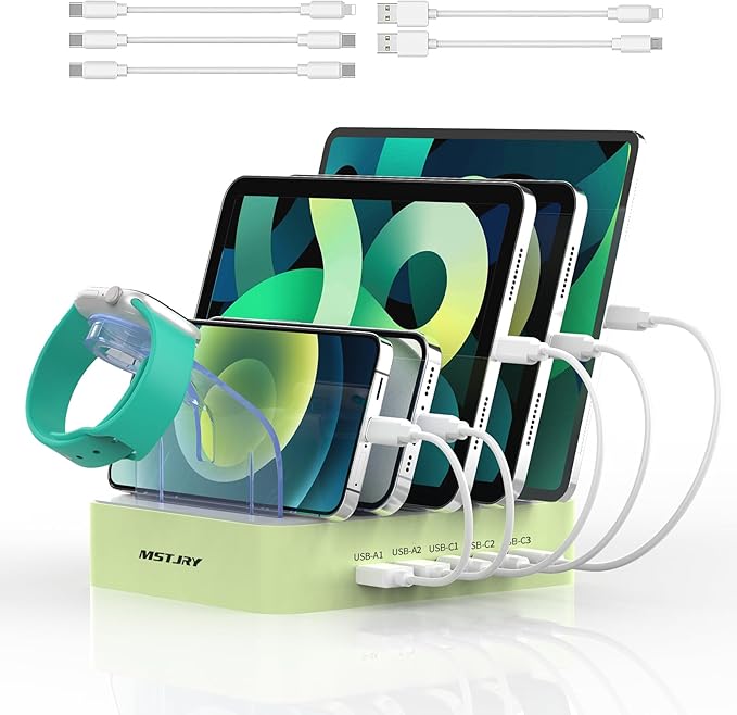 MSTJRY USB C Charging Station for Multiple Devices: 90W 5 Ports Multi Fast Charger for iPhone iPad Tablets Phone Airpods - Charging Dock Organizer with Adjustable Dividers for Home Office Classroom