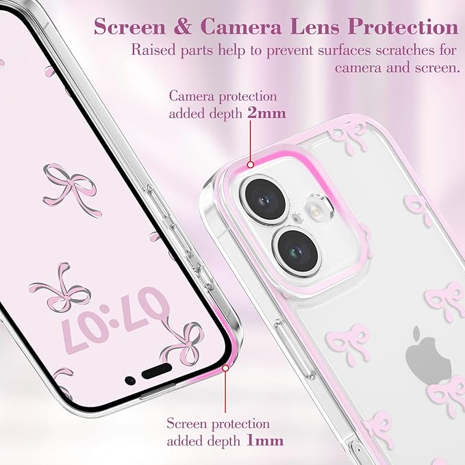 EYZUTAK Case for iPhone 16, Clear Cute Ribbon Bowknot Pattern Aesthetic Transparent Phone Case Raised Camera Protection Stylish Slim Soft Durable TPU Protective Cover for Women Girls - Pink